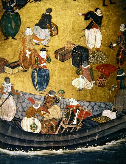 The Arrival of the Portuguese in Japan, detail of unloading merchandise, from a Namban Byobu screen, van Japanese School