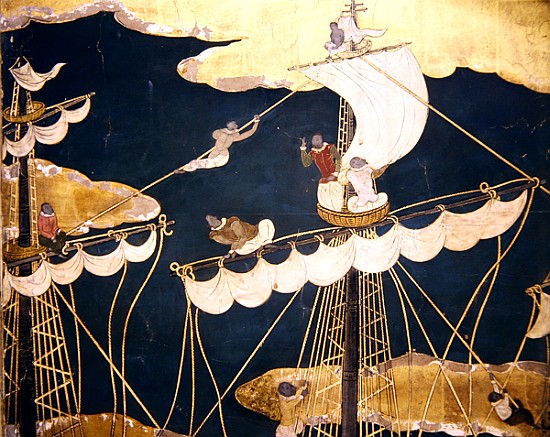 The Arrival of the Portuguese in Japan, detail of ship''s mast and crow''s nest, from a Namban Byobu van Japanese School