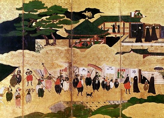 The Arrival of the Portuguese in Japan, detail of the right-hand section of a folding screen, Kano S van Japanese School