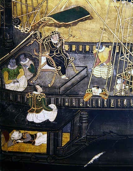 The Arrival of the Portuguese in Japan, detail showing men in the central part of a ship, from a Nam van Japanese School