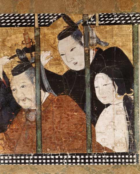 Two men and a woman behind an awning, detail from a screen, 15th-18th century van Japanese School