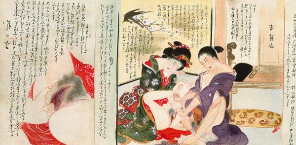 Two Erotic Illustrations from a scroll (w/c on silk) van Japanese School