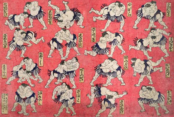 Sumo wrestlers (hand tinted wood engraving on paper) van Japanese School, (19th century)