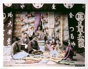 Japanese Silk and Fabric Shop, c.1900 (hand coloured photo)