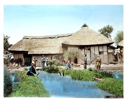 View of a Japanese Farm, c.1900 (hand coloured photo) van Japanese School, (20th century)