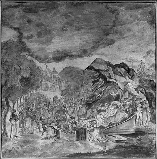 People filing past Marat''s corpse near the grotto of Les Cordeliers, 1793 (pencil & w/c on paper) van Jean Antoine Laurent