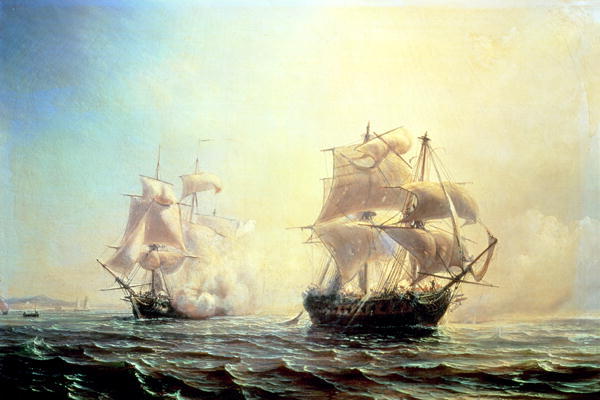 Combat between the frigate `L'Embuscade' and the `Boston' in the Port of New York in 1793 van Jean Antoine Theodore Gudin