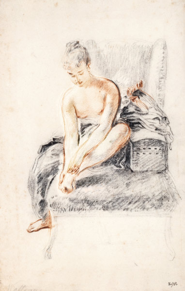 Semi-nude woman seated on a chaise longue, holding her foot (sanguine and black chalk on paper) van Jean Antoine Watteau