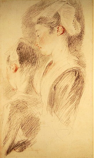 Two studies of a woman, three-quarters from rear, one in profile (sanguine and black chalk on paper) van Jean Antoine Watteau