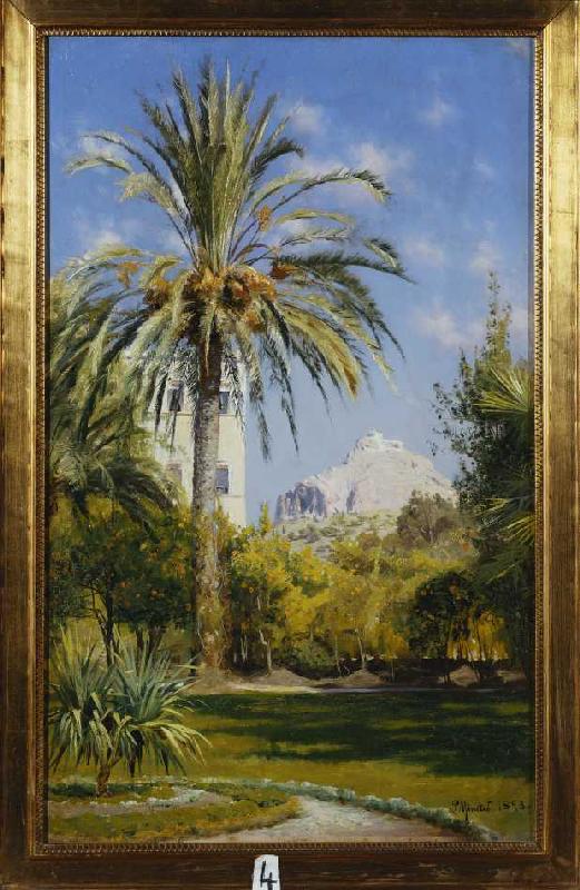 Die Gärten des königlichen Palastes in Athen mit Blick auf den Lykavittos Hügel van Jean-Antoine Watteau