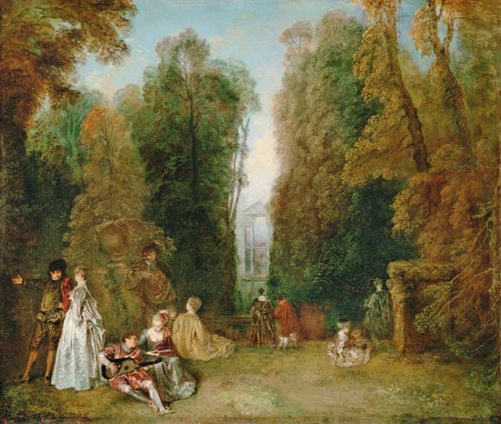 Die Perspektive (Gesellschaft im Park) van Jean-Antoine Watteau