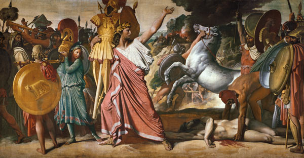 Romulus, der Sieger von Acron, trägt die reiche Beute in den Zeustempel van Jean Auguste Dominique Ingres