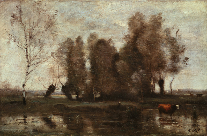 Baumgruppe an einem Fluss-Ufer van Jean-Babtiste-Camille Corot