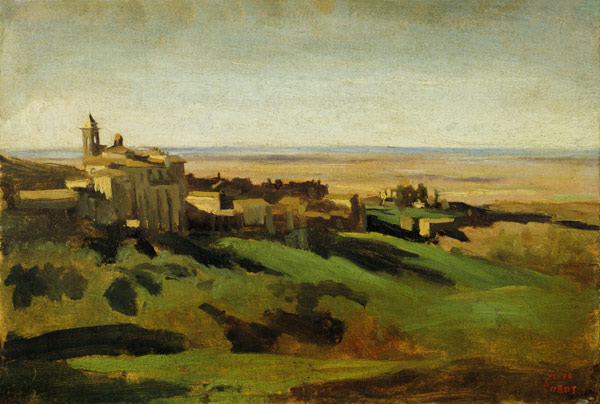 Blick auf Marino in den Albaner Bergen am frühen Morgen van Jean-Babtiste-Camille Corot