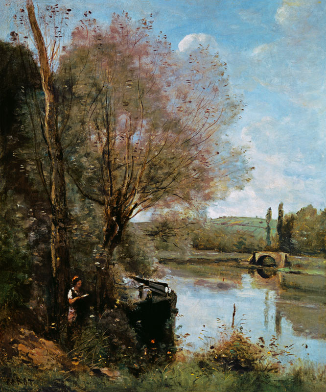 Lesende an einem bewaldeten Flussufer van Jean-Babtiste-Camille Corot