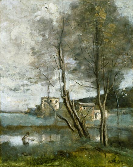Angler und Häuser van Jean-Babtiste-Camille Corot