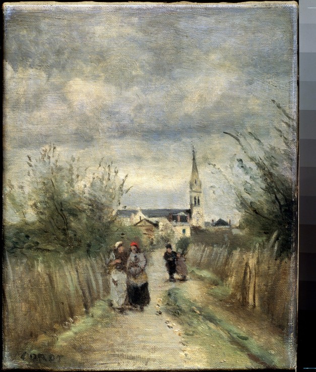 Bell tower in Argenteuil (Road to the Church) van Jean-Babtiste-Camille Corot