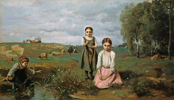 Children beside a brook in the countryside, Lormes (oil on canvas) van Jean-Babtiste-Camille Corot