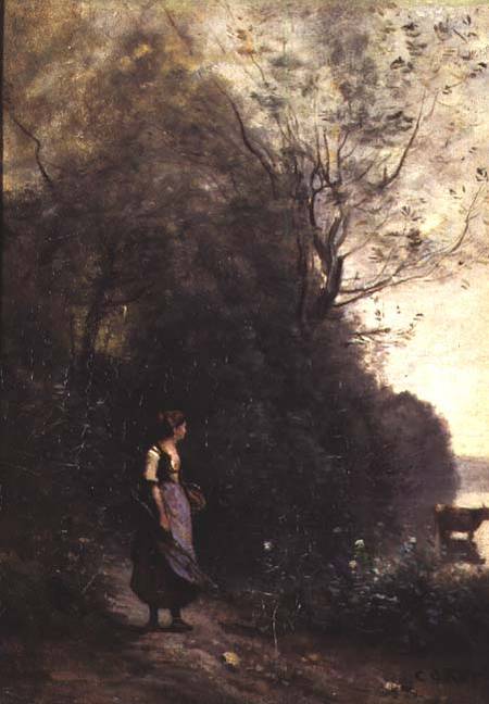 A Peasant Woman Grazing a Cow at the Edge of a Forest van Jean-Babtiste-Camille Corot