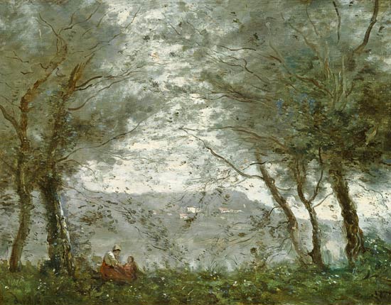 The Pond at Ville-d'Avray through the Trees van Jean-Babtiste-Camille Corot