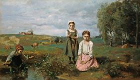 Children beside a brook in the countryside, Lormes (oil on canvas)
