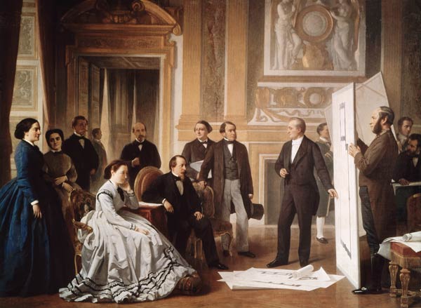 Louis Visconti (1791-) Presenting the New Plans for the Louvre to Napoleon III (1808-73) van Jean Baptiste Ange Tissier