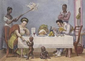 The Dinner, a white couple being served and fanned by black slaves, from 'Voyage Pittoresque et Hist