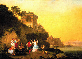 Tarantella tanzendes Landvolk an der Küste bei Marechiaro. van Jean-Baptiste Hilaire