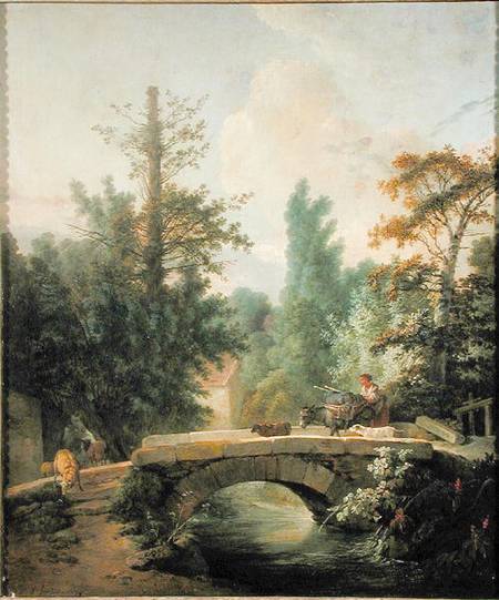 Peasant and her Donkey Crossing a Bridge van Jean-Baptiste Huet