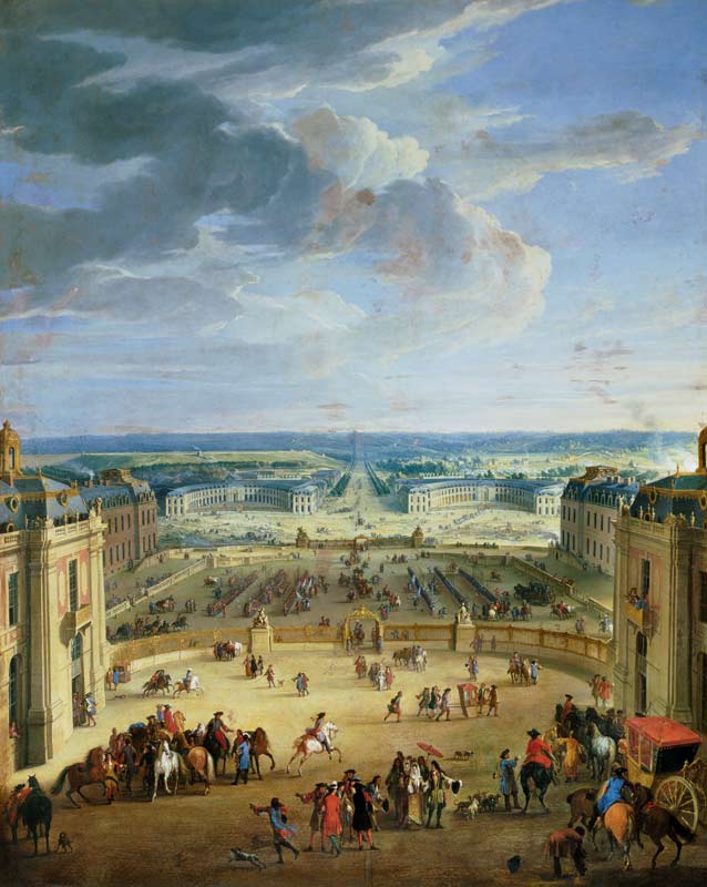 Perspective View from the Chateau of Versailles of the Place d'Armes and the Stables van Jean-Baptiste Martin