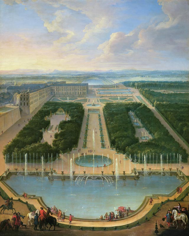 Perspective view of the chateau of Versailles seen from the Neptune Fountain van Jean-Baptiste Martin