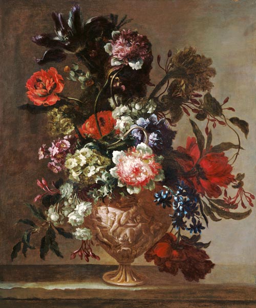 Still life of flowers in a sculpted vase van Jean Baptiste Monnoyer