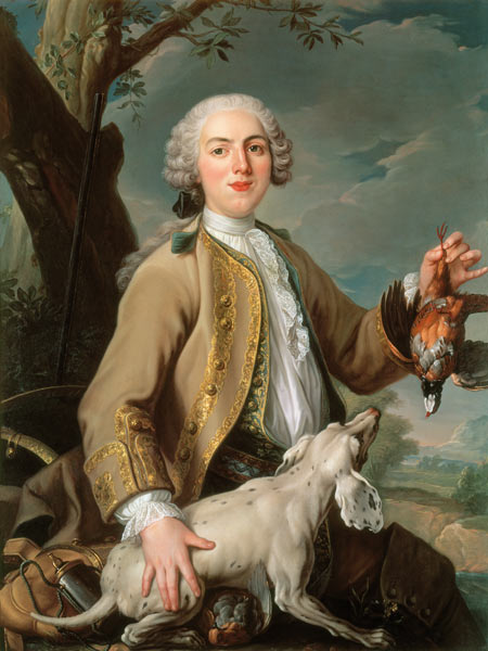 Louis XV en chasseur tenant une perdrix van Jean Baptiste Oudry
