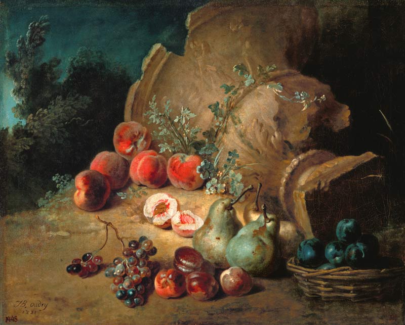 Obststillleben neben einer gestürzten Steingutvase van Jean Baptiste Oudry