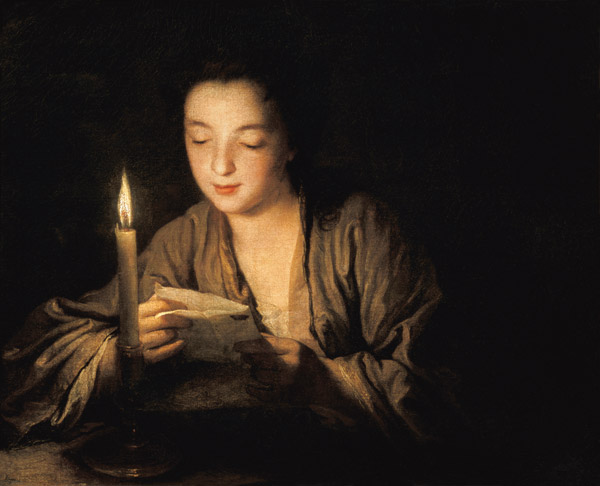 Meisje dat een brief leest bij kaarslicht van Jean Baptiste Santerre