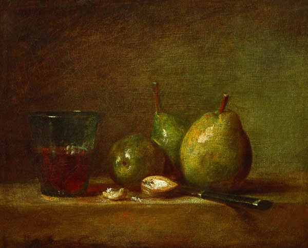 Peren, walnoten en een glas wijn van Jean-Baptiste Siméon Chardin