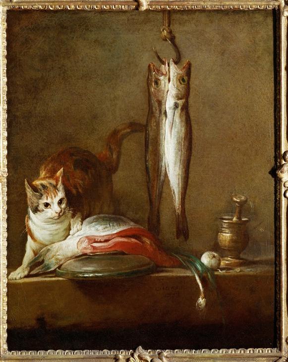 Chat avec tranche de saumon, deux maquereaux, mortier et pi van Jean-Baptiste Siméon Chardin