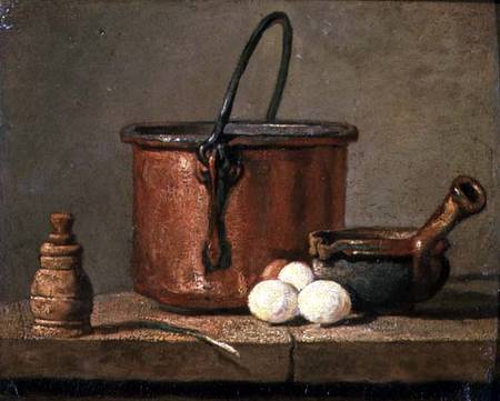 Still Life of Cooking Utensils, Cauldron, Frying Pan and Eggs van Jean-Baptiste Siméon Chardin