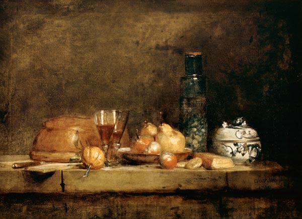Stillleben mit Früchten und Olivenglas van Jean-Baptiste Siméon Chardin