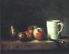 Stilleben mit einer Tasse, Birne, vier Äpfeln und einem Messer