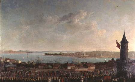View of Constantinople with a procession of janissaries passing the Galata Tower van Jean Baptiste Vanmour