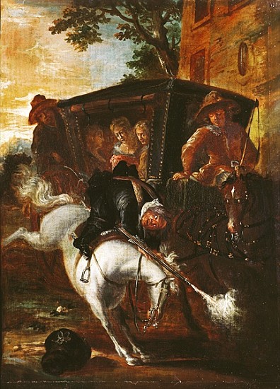 With a Musket on his Back, Ragotin Climbs onto his Horse to Accompany the Troupe, from ''Roman Comiq van Jean de Coulom