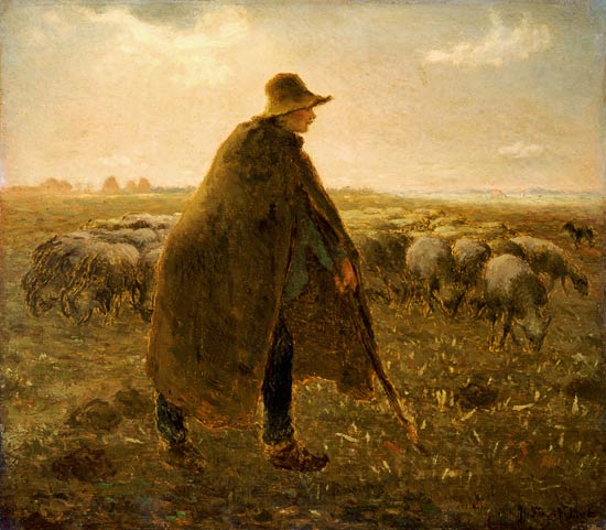 Schäfer mit Herde bei Sonnenuntergang van Jean-François Millet