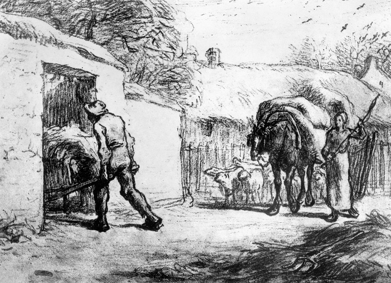 Bauern bei der Arbeit in der Dorfstrasse van Jean-François Millet