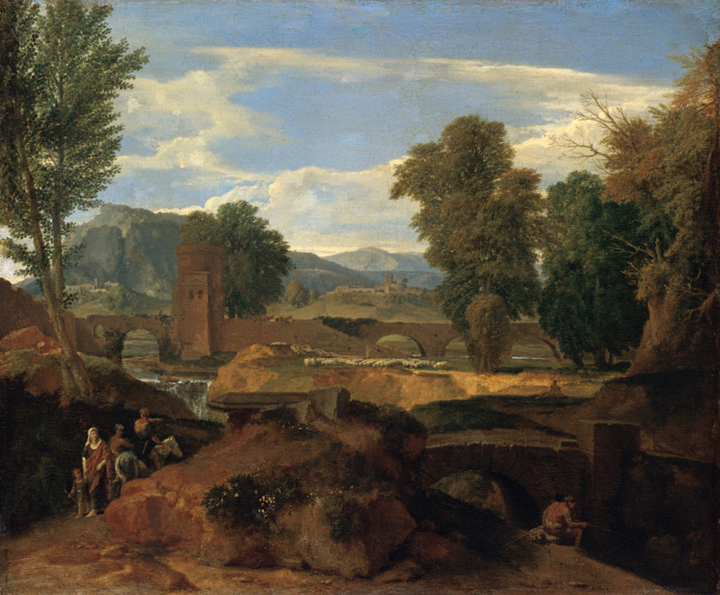 Römische Landschaft mit Bogenbrücke van Jean-François Millet