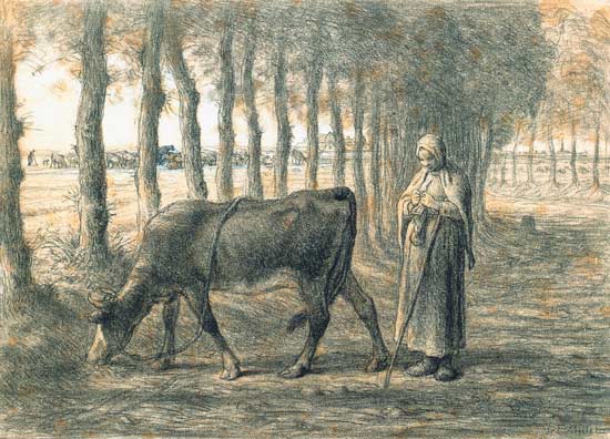 Frau mit einer Kuh van Jean-François Millet