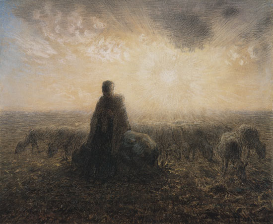 Schäferin und Herde an Sonnenuntergang van Jean-François Millet