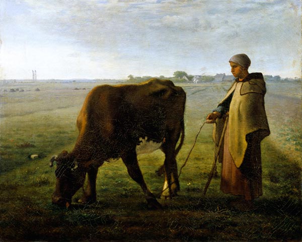 Woman Grazing her Cow van Jean-François Millet