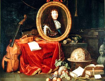 Still life with portrait of King Louis XIV (1638-1715) surrounded by musical instruments, flowers an van Jean Garnier