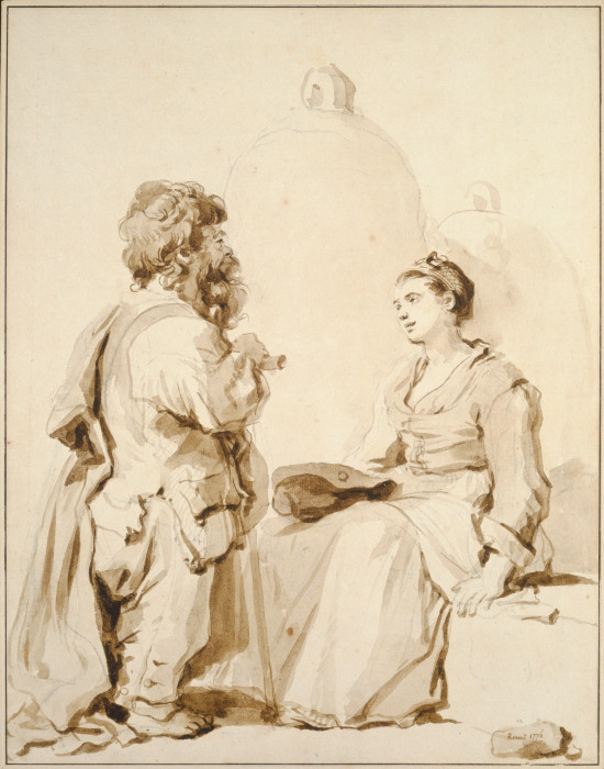 Ein Zwerg und eine junge Frau im Gespräch van Jean-Honoré Fragonard